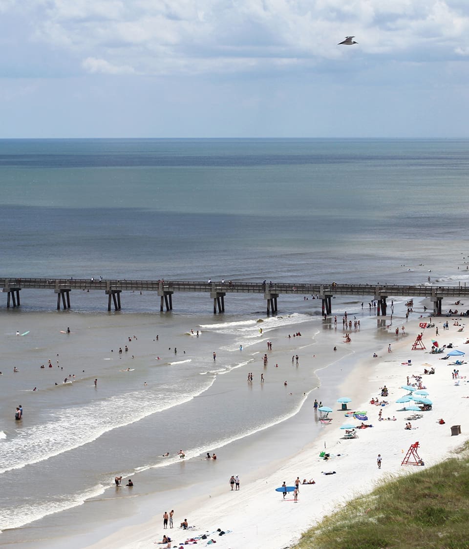 Iconic Florida 3 Florida is known for it's iconic coastlines, like this one at Jax Beach. In this wide shot, people dot the sand and water on one side. A pier divides the image and on the other side is the expansive ocean.