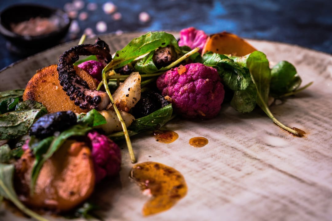 Squid Steak & Octopus Salad recipe from Chef Kathleen Blake 1 GROVE STAND.V9.RustySpoon.pc .Libby Volgyes.4