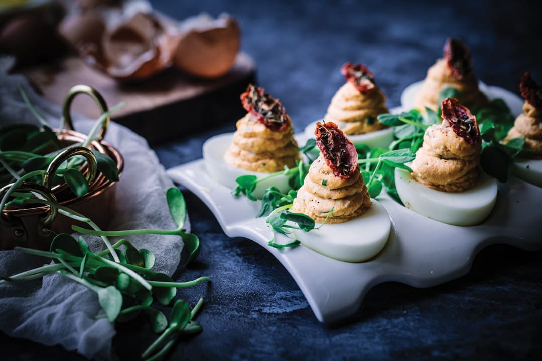 "Red Devil" Stuffed Eggs Recipe from Chef Kathleen Blake 1 GROVE STAND.V9.RustySpoon.pc .Libby Volgyes.5 1