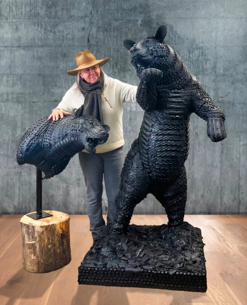Marcia Moore reimagines bicycle tires in her signature animal sculptures.