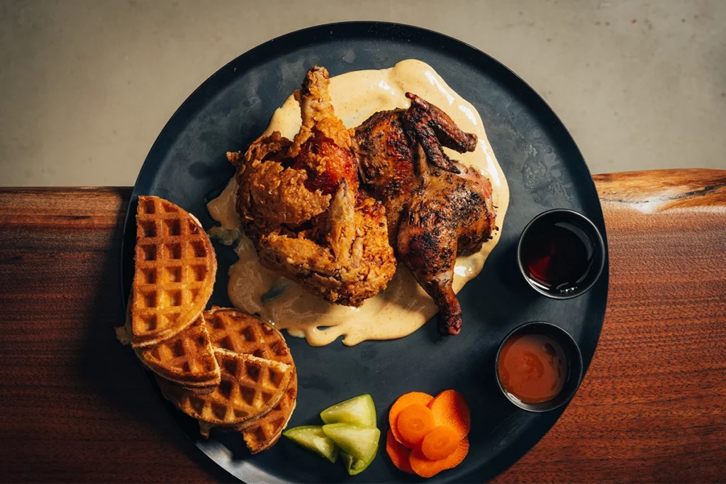Shiso Chicken, Please, elevates a classic Southern comfort food, chicken and waffles, to a Michelin-worthy masterpiece. 