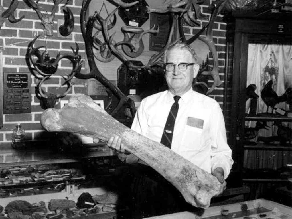 T.T. Wentworth holding a bone at his museum