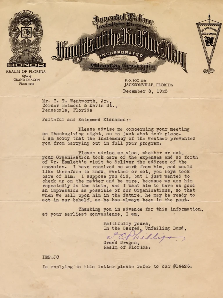 A Letter from the Klan's Florida leadership in Jacksonville to T.T. Wentworth